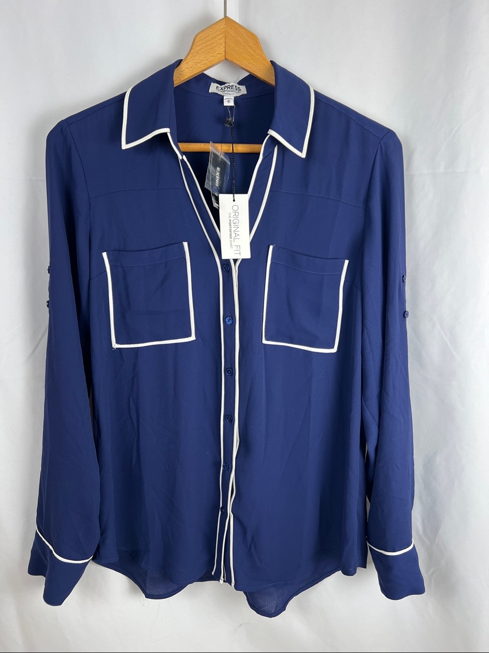Express - NWT- The Portofino Shirt -  Navy Contrast Trim Blouse - Picture 6 of 12